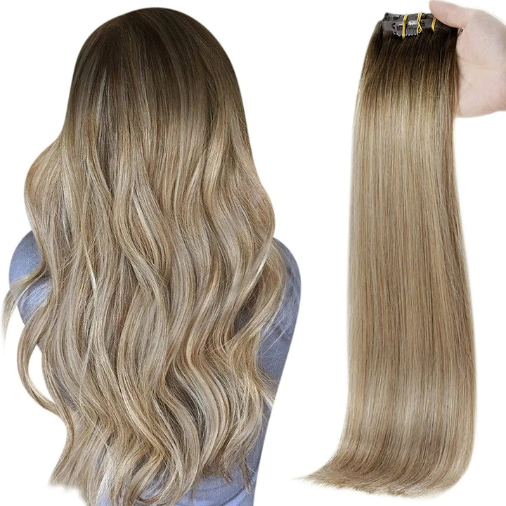 Blonde Seamless Clip-In Hair Extensions – PU Skin Weft, 8PCS, 80g or 100g Remy Human Hair