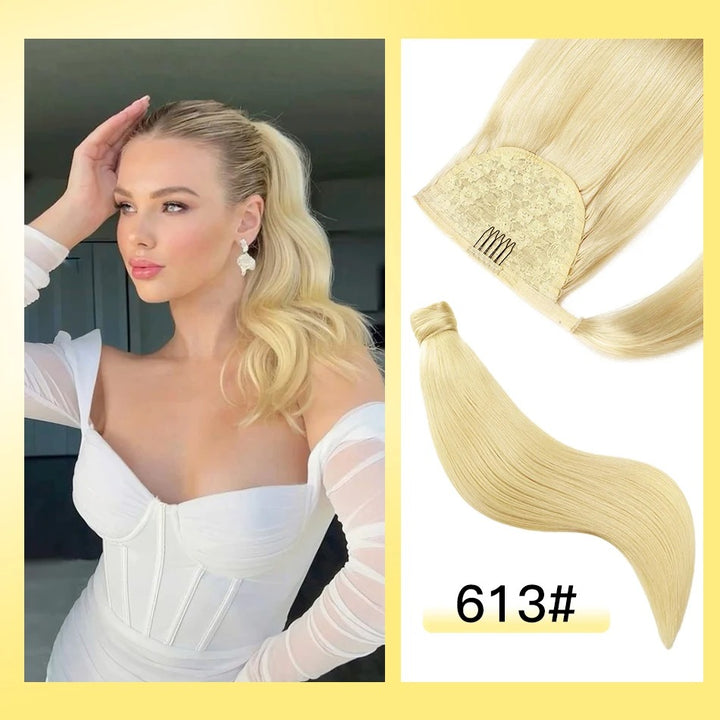 100% Remy Human Hair Highlight Wrap Around Ponytail – Brazilian Straight MagicTie Extension