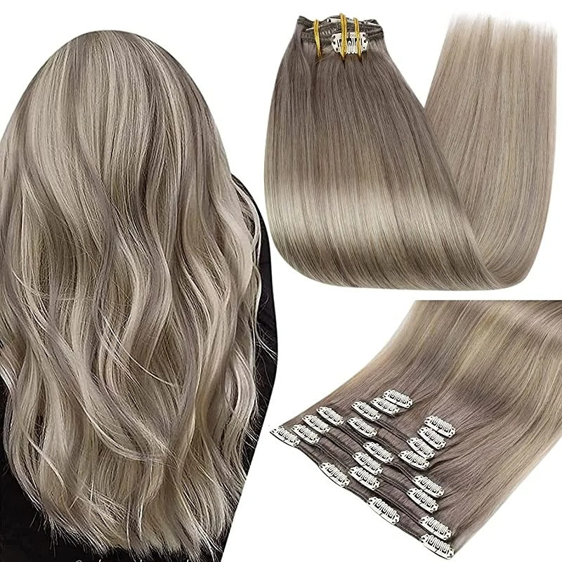 100% Human Hair Clip-In Extensions – Double Weft, 7PCS Set, 105g, for Women