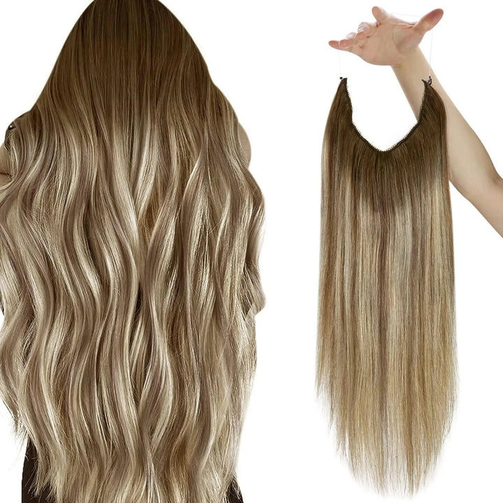 Invisible Fish Line Human Hair Extension – Natural One-Piece Wire Hair Weft with 2 Clips | Machine-Made Blonde Hair