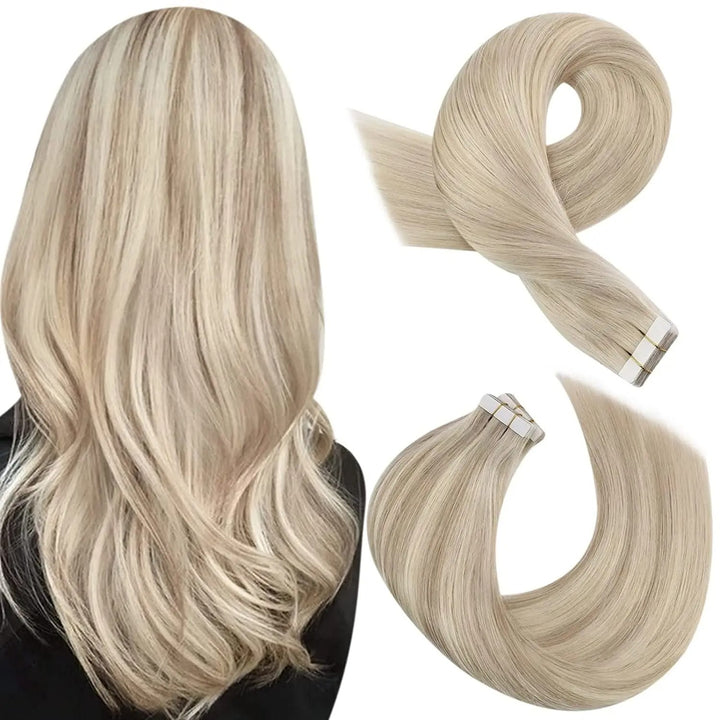 Tape-In Human Hair Extensions – Remy Hair, Straight, Natural Soft Skin Weft, Seamless & Reusable Tape-In Hair