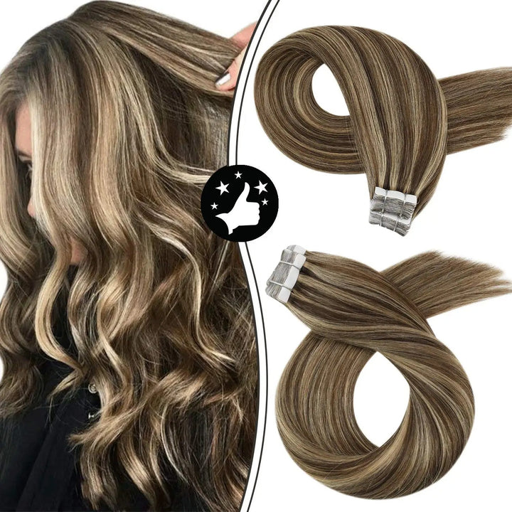 Tape-In Human Hair Extensions – Remy 100% Real Human Hair, Silky Straight, Ash Blonde with Highlights – Seamless, Natural Look, 20pcs