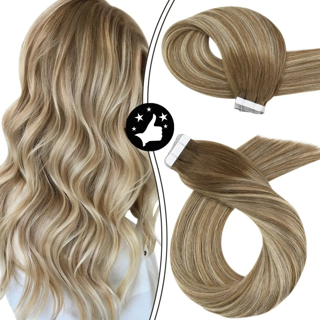 Tape-In Human Hair Extensions – Remy 100% Real Human Hair, Silky Straight, Ash Blonde with Highlights – Seamless, Natural Look, 20pcs