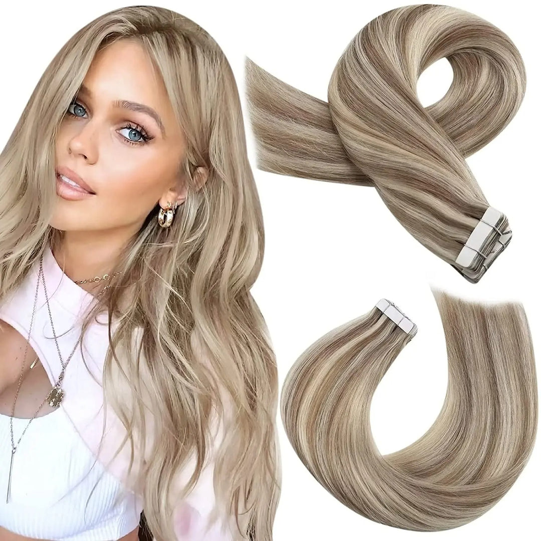 Tape-In Human Hair Extensions – Remy Hair, Straight, Natural Soft Skin Weft, Seamless & Reusable Tape-In Hair