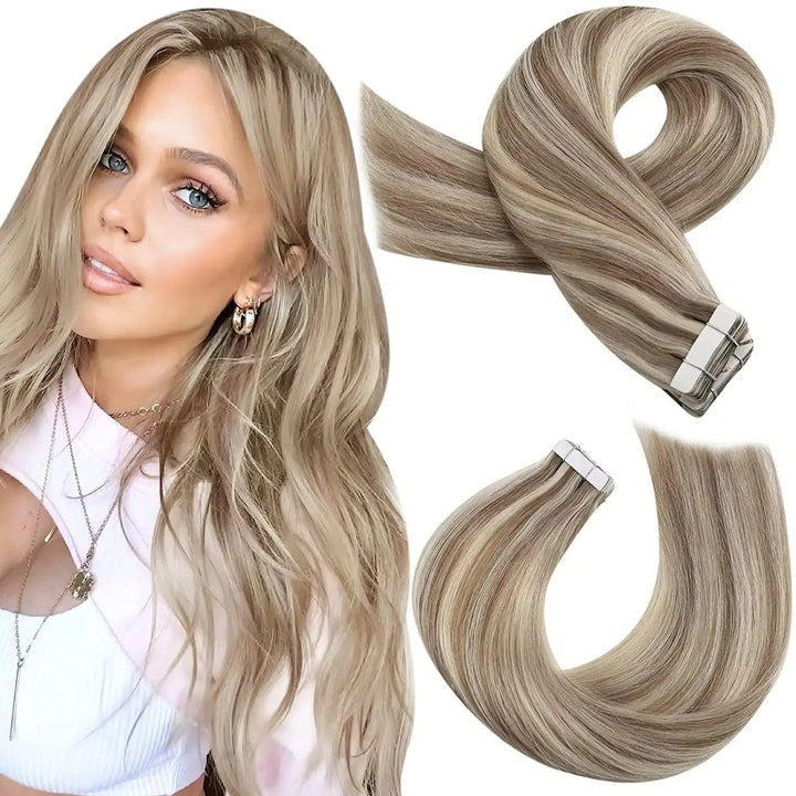 Tape-In Human Hair Extensions – Remy Hair, Straight, Natural Soft Skin Weft, Seamless & Reusable Tape-In Hair
