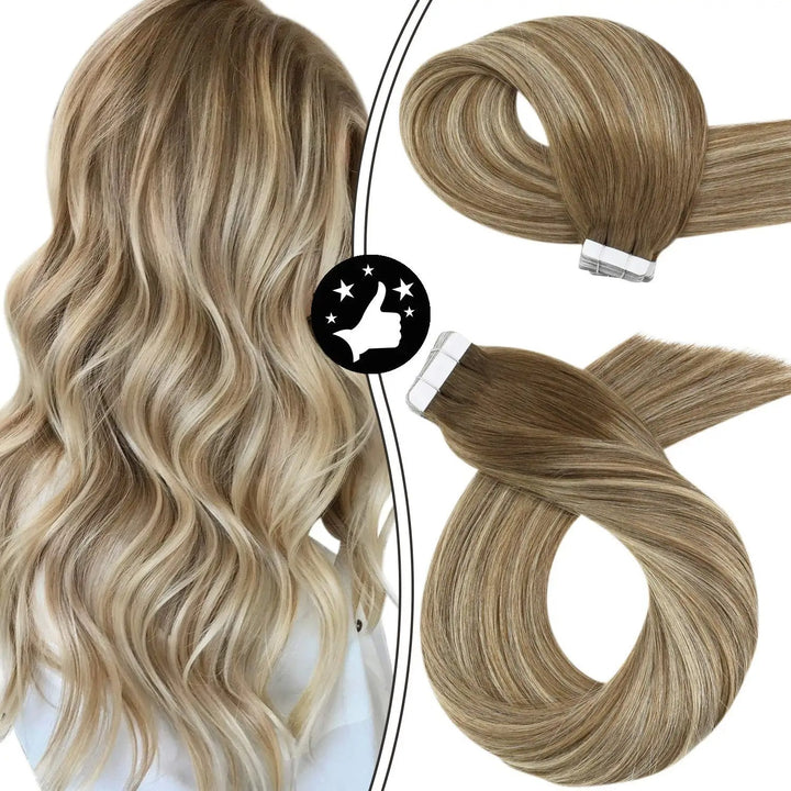 Tape-In Human Hair Extensions – Remy 100% Real Human Hair, Silky Straight, Ash Blonde with Highlights – Seamless, Natural Look, 20pcs