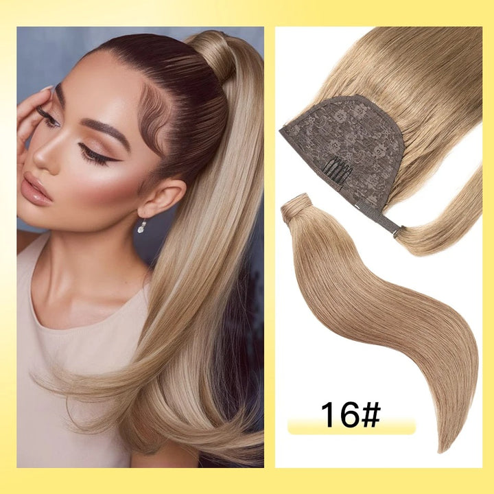 100% Remy Human Hair Highlight Wrap Around Ponytail – Brazilian Straight MagicTie Extension