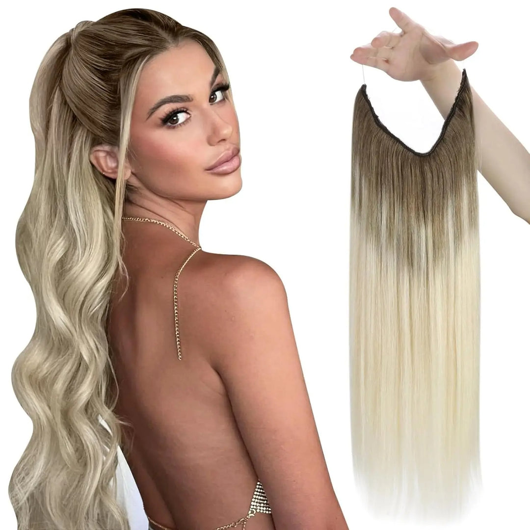 Invisible Fish Line Human Hair Extension – Natural One-Piece Wire Hair Weft with 2 Clips | Machine-Made Blonde Hair