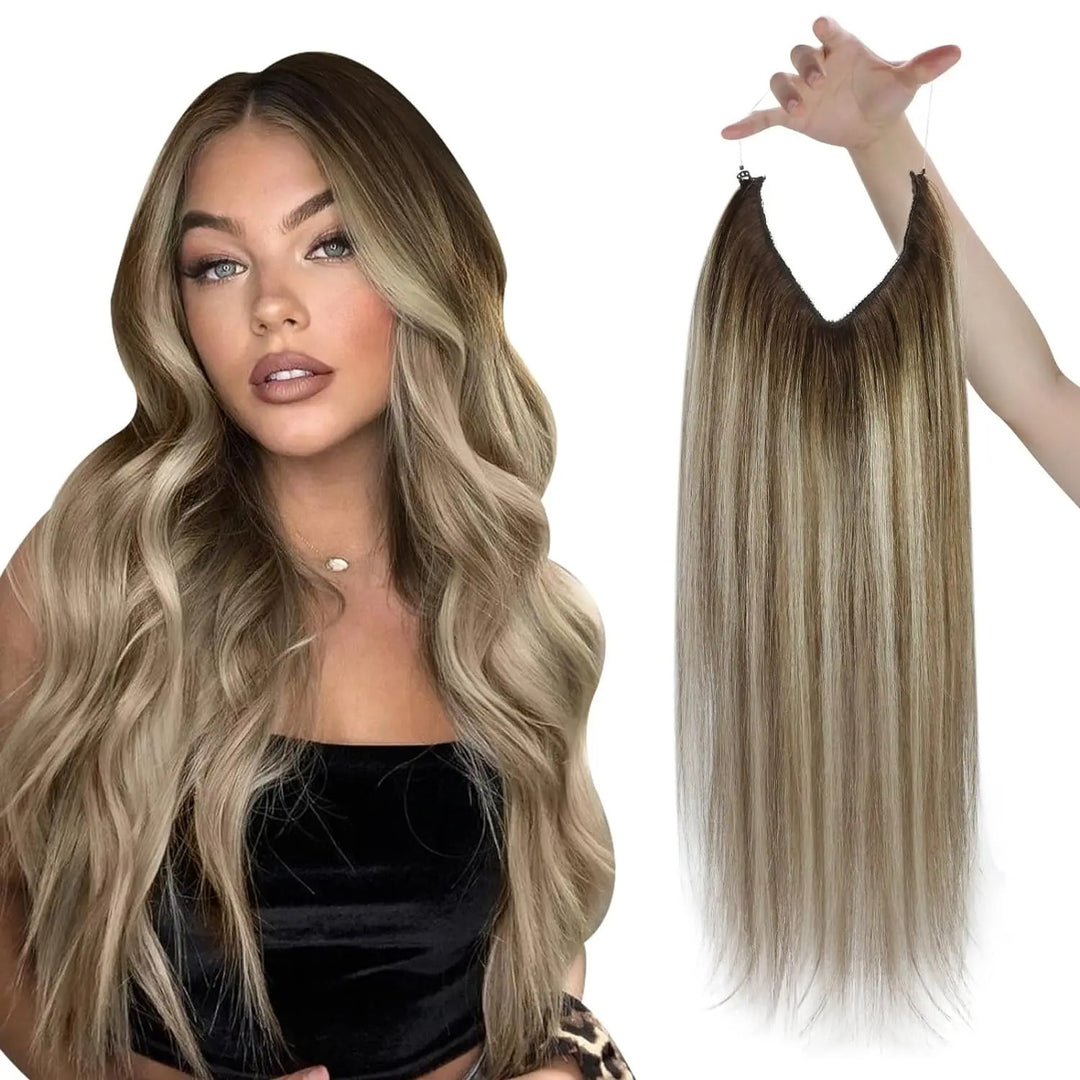 Invisible Fish Line Human Hair Extension – Natural One-Piece Wire Hair Weft with 2 Clips | Machine-Made Blonde Hair
