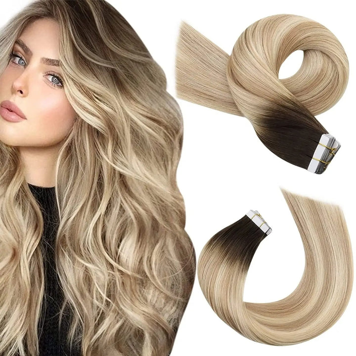Tape-In Human Hair Extensions – Remy 100% Real Human Hair, Silky Straight, Ash Blonde with Highlights – Seamless, Natural Look, 20pcs