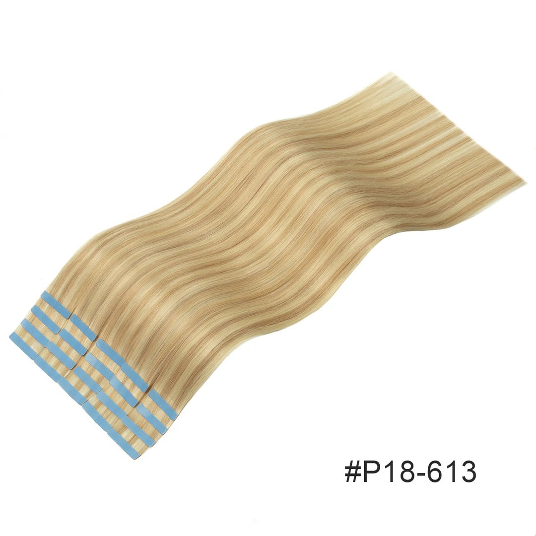 Tape-In Hair Extensions – 100% Remy Human Hair Skin Weft, Natural Seamless Tape-Ins, 12–24 Inch, 40–50g/Pack