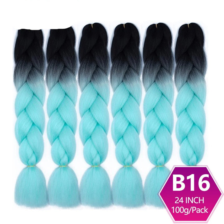 Five braided hair extensions with gradient color from black to blue