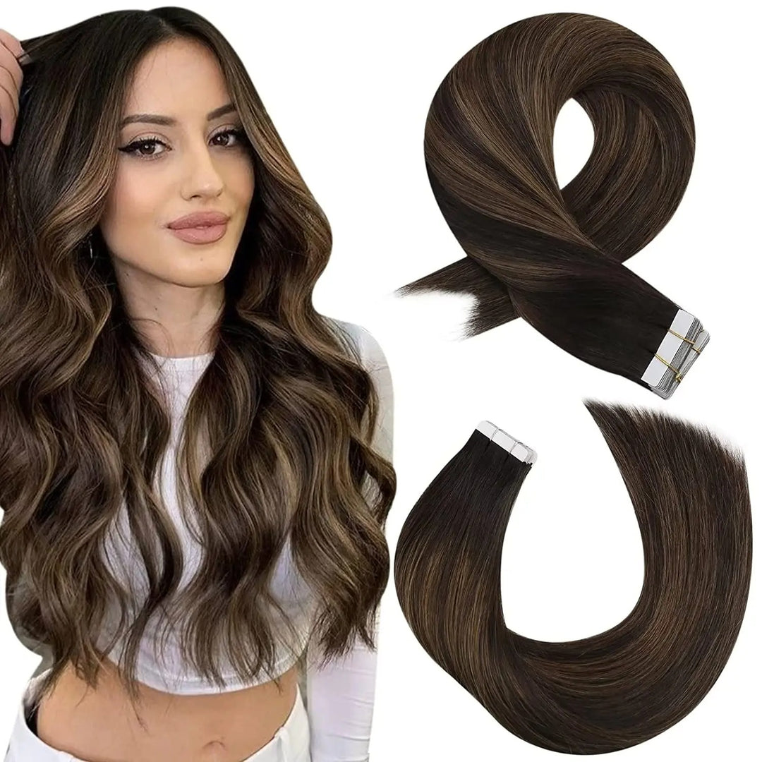Tape-In Human Hair Extensions – Remy Hair, Straight, Natural Soft Skin Weft, Seamless & Reusable Tape-In Hair