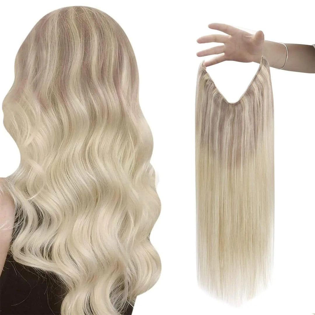 Invisible Fish Line Human Hair Extension – Natural One-Piece Wire Hair Weft with 2 Clips | Machine-Made Blonde Hair