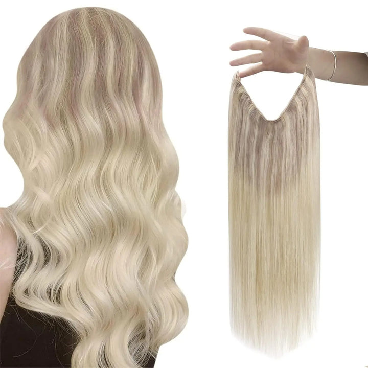 Invisible Fish Line Human Hair Extension – Natural One-Piece Wire Hair Weft with 2 Clips | Machine-Made Blonde Hair