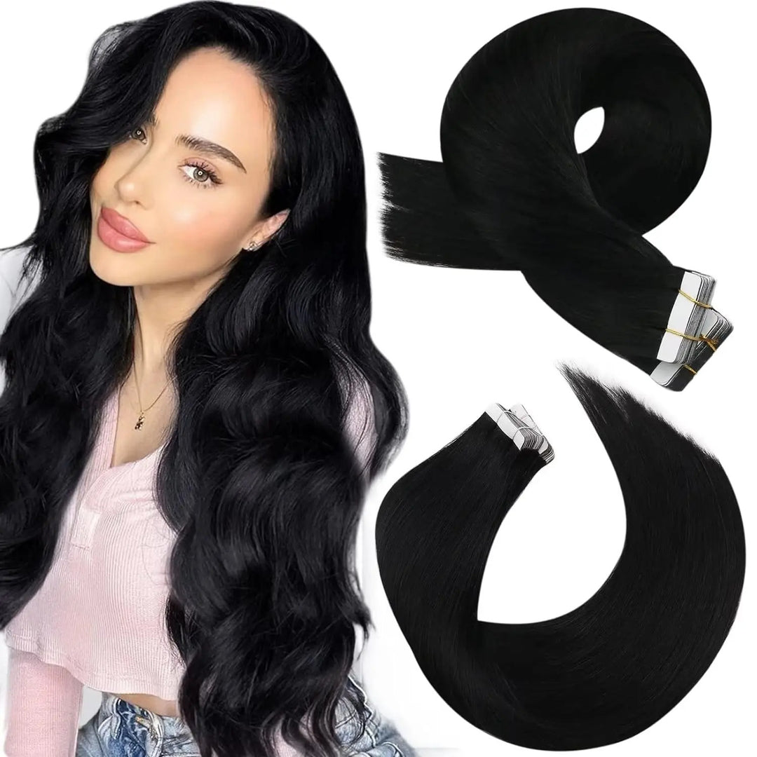 Tape-In Human Hair Extensions – Remy Hair, Straight, Natural Soft Skin Weft, Seamless & Reusable Tape-In Hair