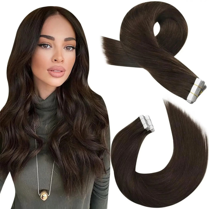 Tape-In Human Hair Extensions – Remy Hair, Straight, Natural Soft Skin Weft, Seamless & Reusable Tape-In Hair