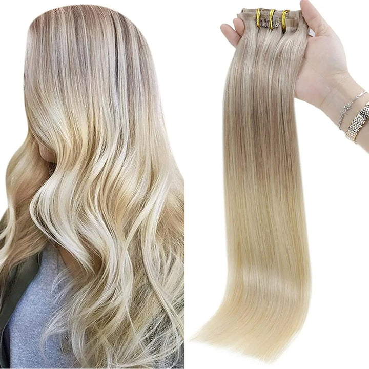 Blonde Seamless Clip-In Hair Extensions – PU Skin Weft, 8PCS, 80g or 100g Remy Human Hair