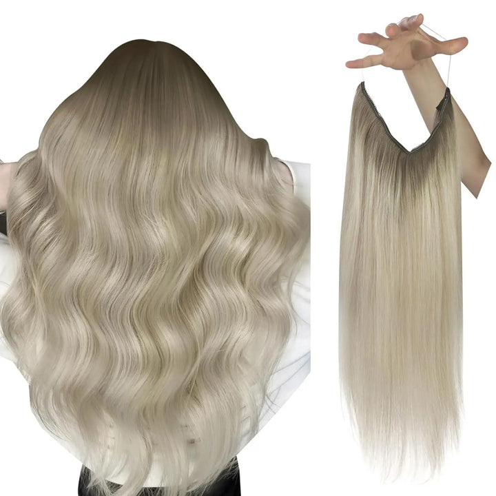 Invisible Fish Line Human Hair Extension – Natural One-Piece Wire Hair Weft with 2 Clips | Machine-Made Blonde Hair
