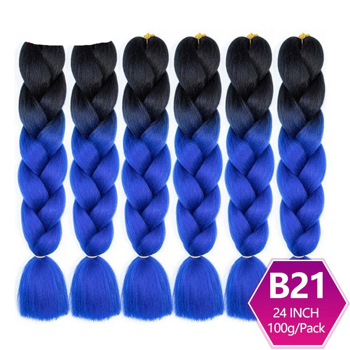Set of blue and black braided hair extensions branding on a white background.