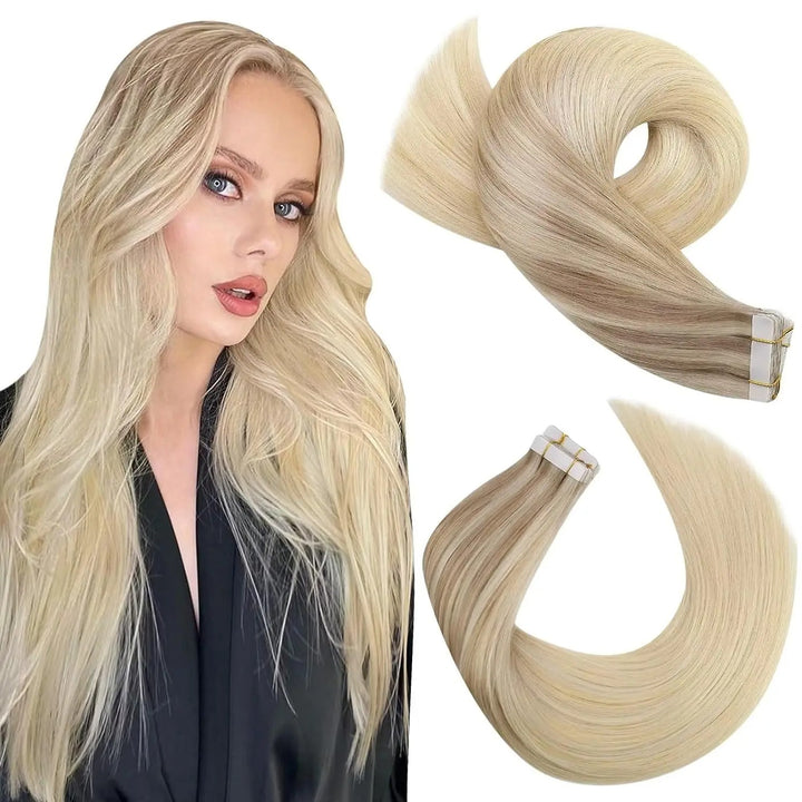 Tape-In Human Hair Extensions – Remy 100% Real Human Hair, Silky Straight, Ash Blonde with Highlights – Seamless, Natural Look, 20pcs