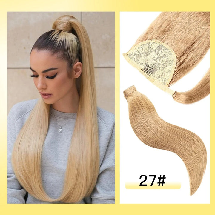 100% Remy Human Hair Highlight Wrap Around Ponytail – Brazilian Straight MagicTie Extension