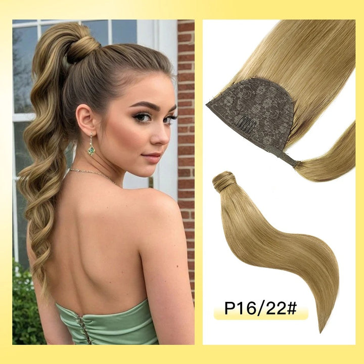 100% Remy Human Hair Highlight Wrap Around Ponytail – Brazilian Straight MagicTie Extension