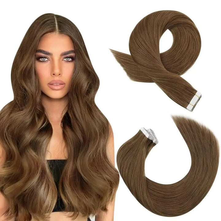 Tape-In Human Hair Extensions – Remy Hair, Straight, Natural Soft Skin Weft, Seamless & Reusable Tape-In Hair
