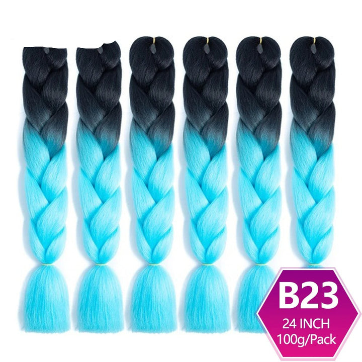 Set of six braided hair extensions with black and blue gradient.