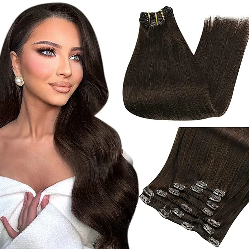 100% Human Hair Clip-In Extensions – Double Weft, 7PCS Set, 105g, for Women