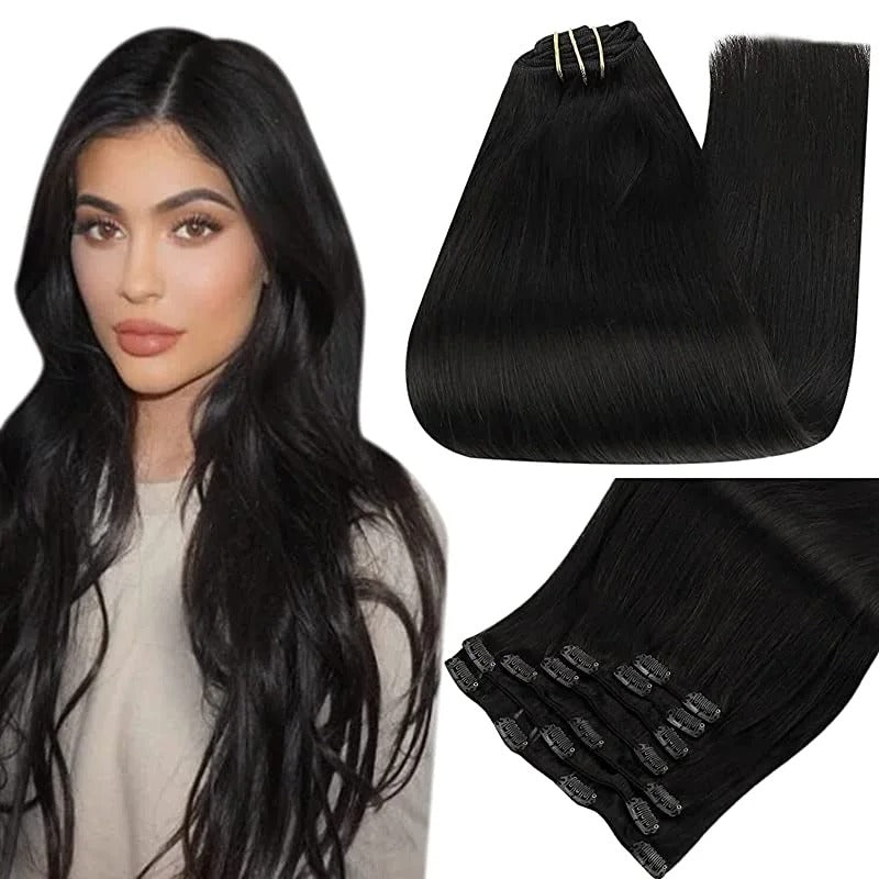 100% Human Hair Clip-In Extensions – Double Weft, 7PCS Set, 105g, for Women