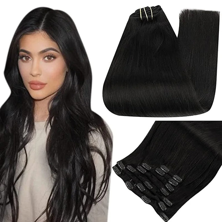 100% Human Hair Clip-In Extensions – Double Weft, 7PCS Set, 105g, for Women