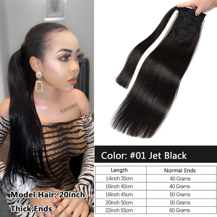 Ponytail Human Hair – Real Remy Hair Clip-In Wrap Around Ponytail Extension | Natural Straight Hair Extensions | Blonde, Brown, Black