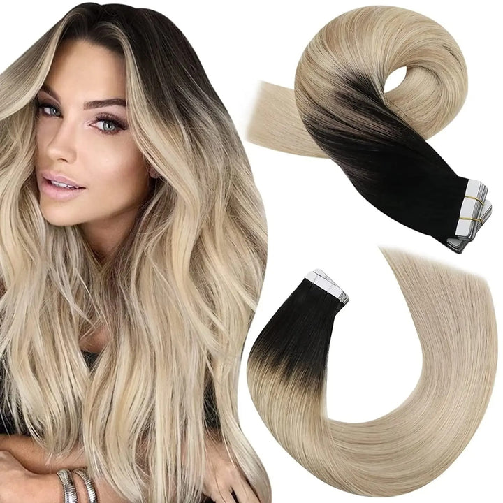 Tape-In Human Hair Extensions – Balayage Blonde, Remy Hair, Seamless Skin Weft, Silky Straight, 100% Natural Soft Hair