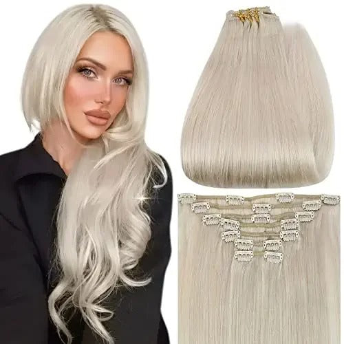 100% Human Hair Clip-In Extensions – Double Weft, 7PCS Set, 105g, for Women