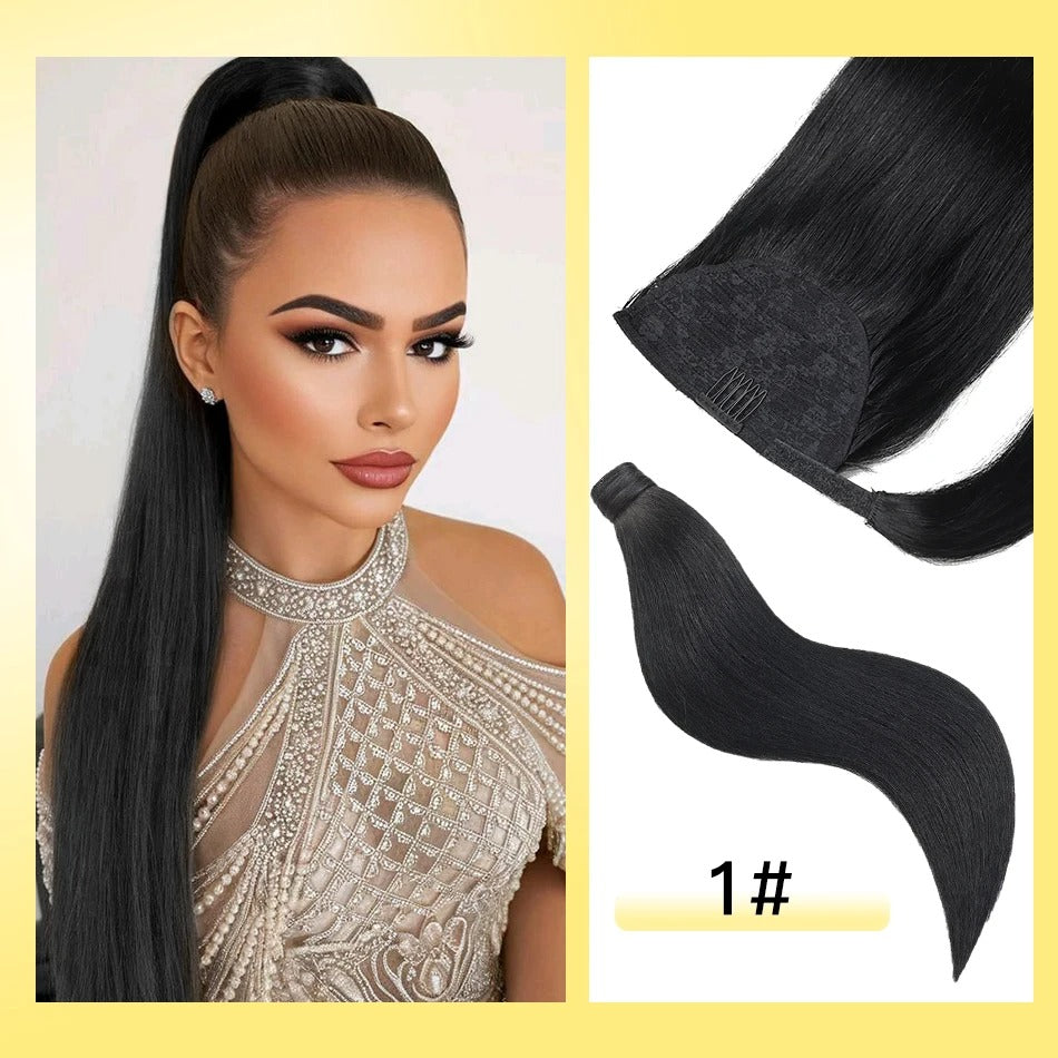 100% Remy Human Hair Highlight Wrap Around Ponytail – Brazilian Straight MagicTie Extension