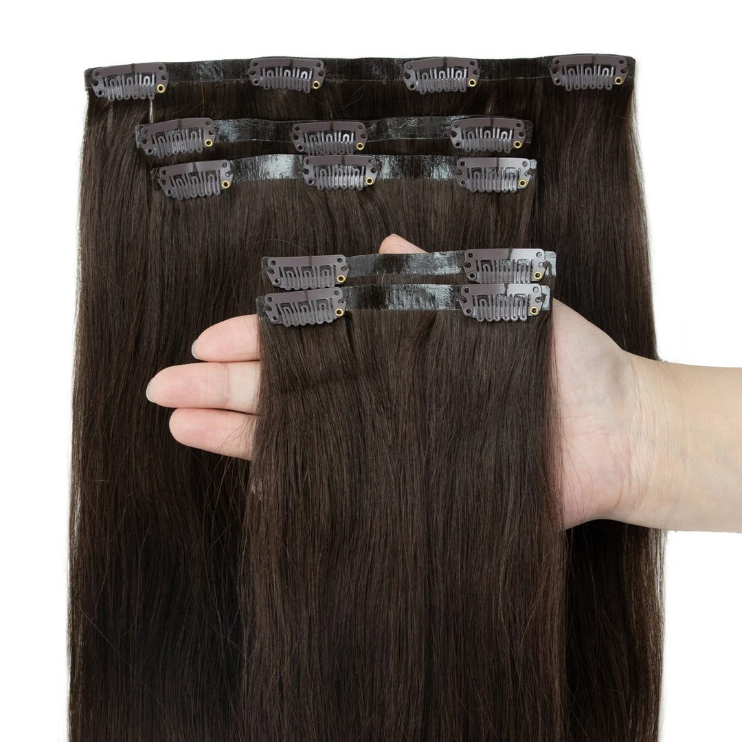 Invisible Seamless PU Clip-In Human Hair Extensions – Thick PU Weft 7PCS Set | 100g-120g, 12"–24" | Raw Human Hair Clip-On