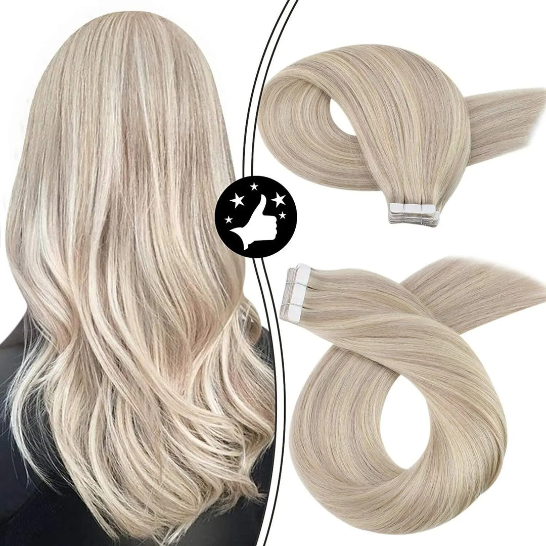 Tape-In Human Hair Extensions – Remy 100% Real Human Hair, Silky Straight, Ash Blonde with Highlights – Seamless, Natural Look, 20pcs