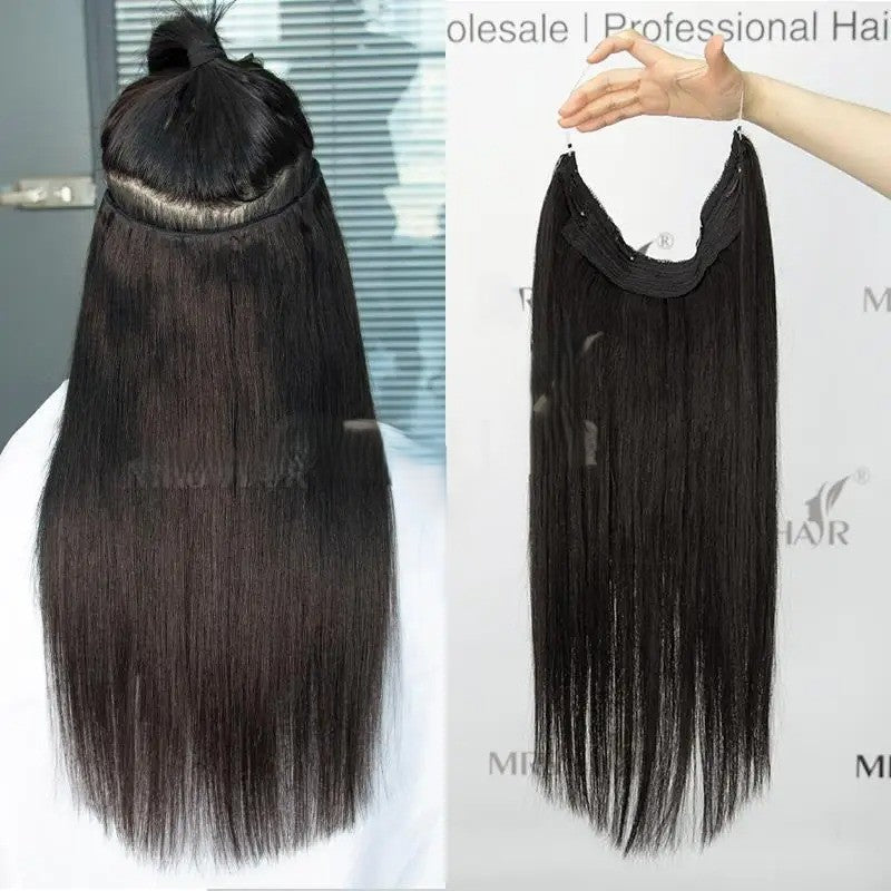 Fish Line Wire Hair Extensions - Invisible Clip-in Human Hair Extensions with 4 Clips. Made from real natural hair, available in lengths of 12-24 inches.
