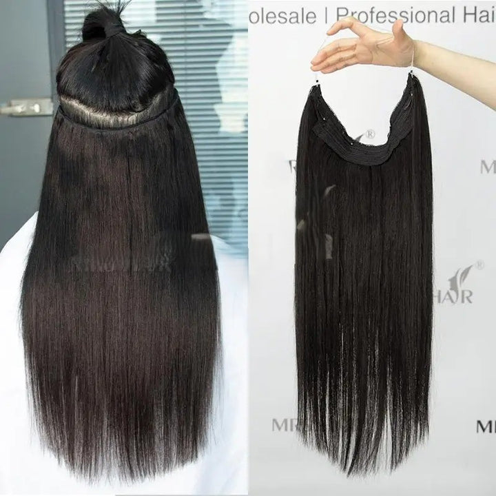 Fish Line Wire Hair Extensions - Invisible Clip-in Human Hair Extensions with 4 Clips. Made from real natural hair, available in lengths of 12-24 inches.