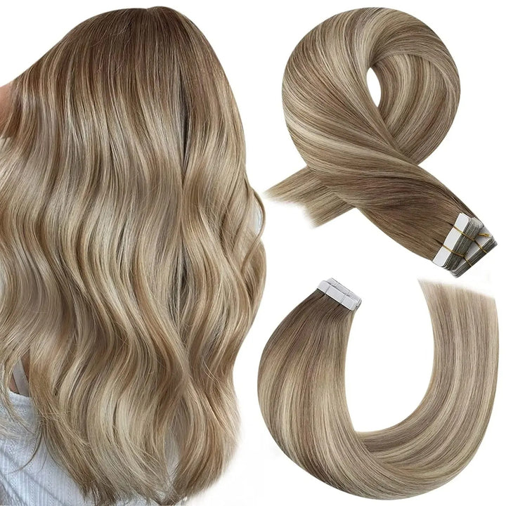 Tape-In Human Hair Extensions – Balayage Blonde, Remy Hair, Seamless Skin Weft, Silky Straight, 100% Natural Soft Hair