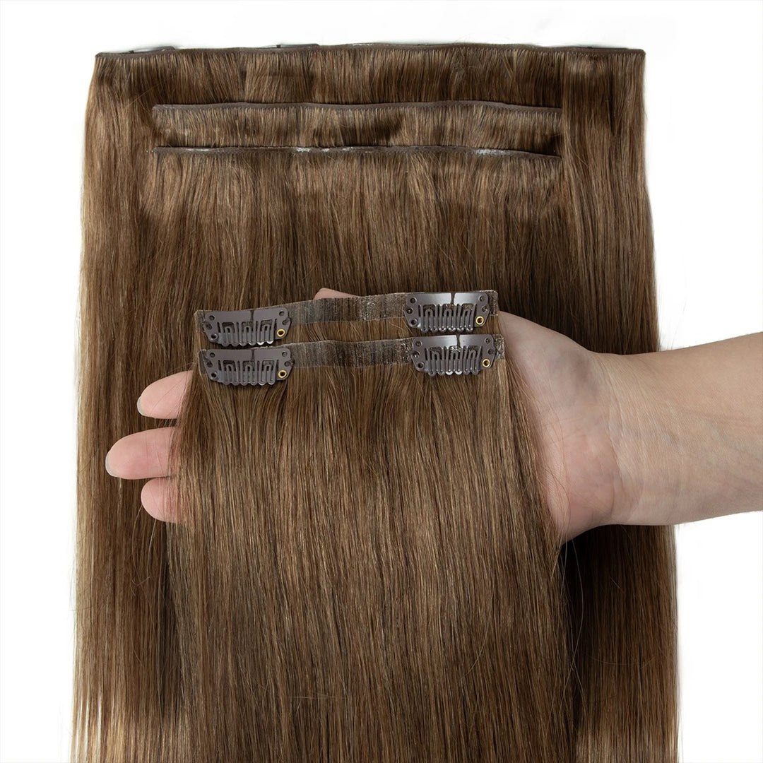Invisible Seamless PU Clip-In Human Hair Extensions – Thick PU Weft 7PCS Set | 100g-120g, 12"–24" | Raw Human Hair Clip-On