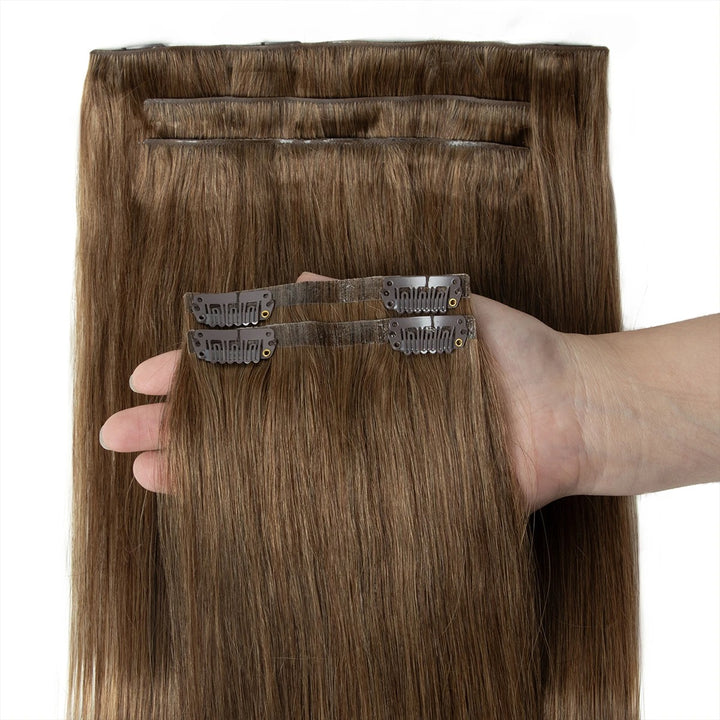 Invisible Seamless PU Clip-In Human Hair Extensions – Thick PU Weft 7PCS Set | 100g-120g, 12"–24" | Raw Human Hair Clip-On