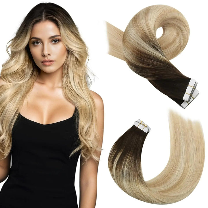 Tape-In Human Hair Extensions – Balayage Blonde, Remy Hair, Seamless Skin Weft, Silky Straight, 100% Natural Soft Hair