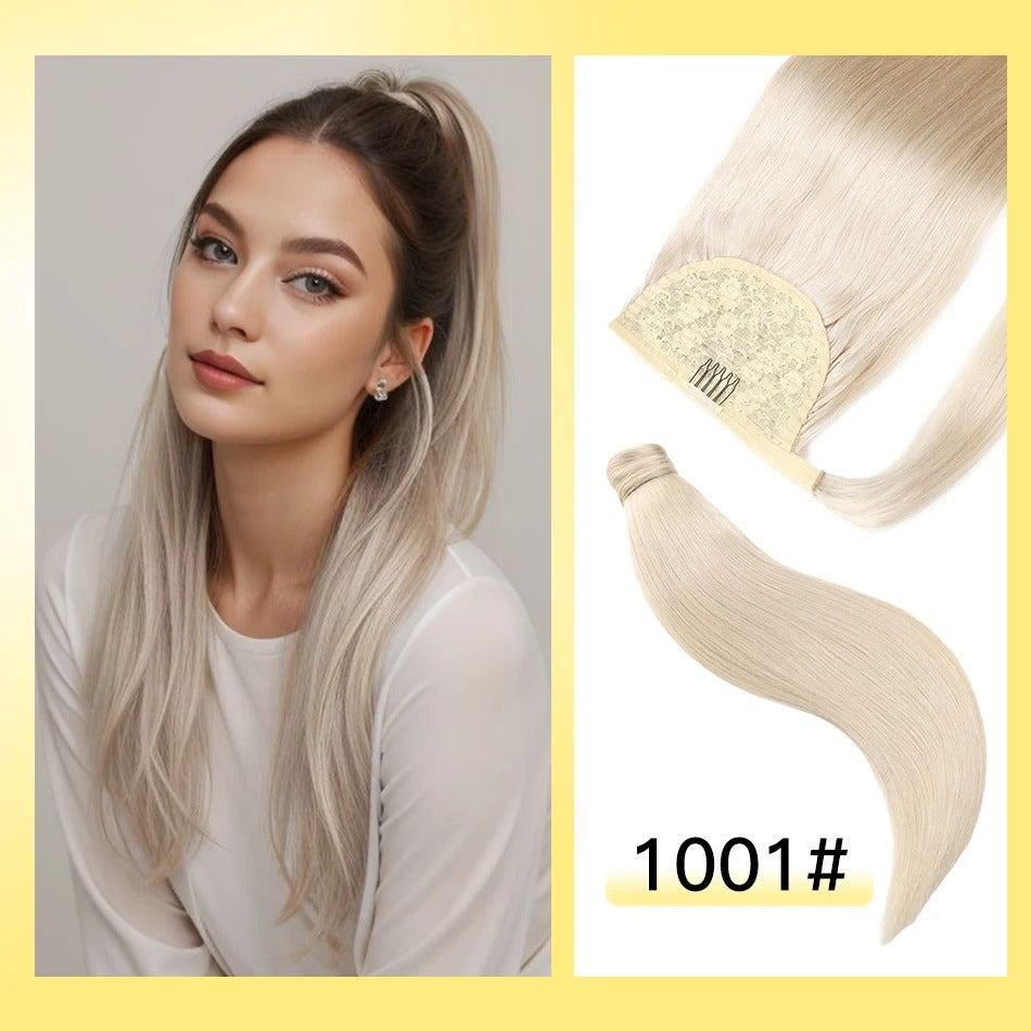 100% Remy Human Hair Highlight Wrap Around Ponytail – Brazilian Straight MagicTie Extension