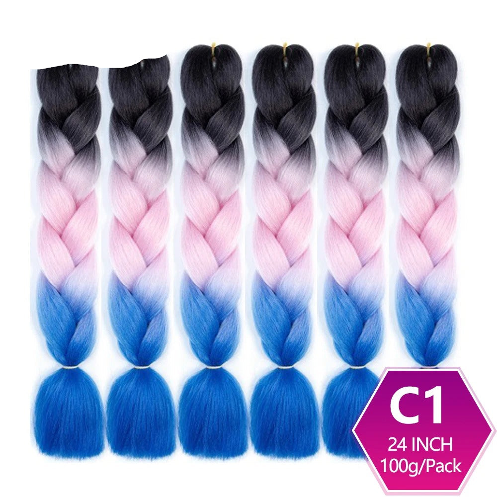 Set of hair extensions with gradient color from black to blue, displayed against a white background.
