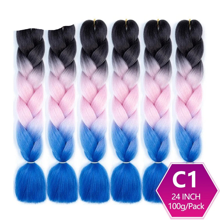 Set of hair extensions with gradient color from black to blue, displayed against a white background.