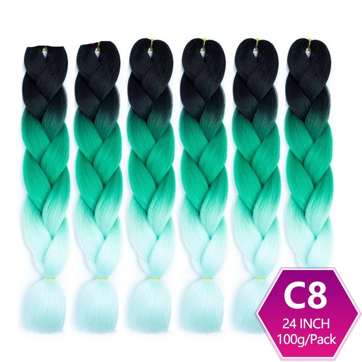 Set of six braided hair extensions with black to green gradient