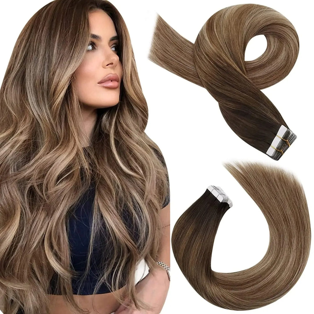 Tape-In Human Hair Extensions – Balayage Blonde, Remy Hair, Seamless Skin Weft, Silky Straight, 100% Natural Soft Hair