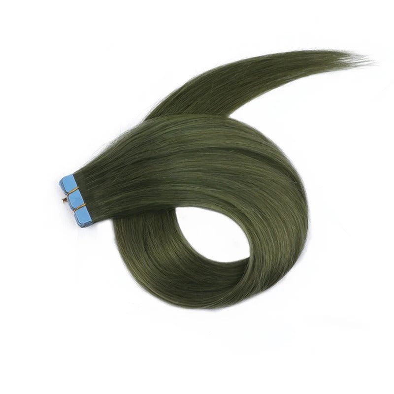 Mini Tape-In Hair Extensions – Green Color | 100% Human Hair Skin Weft | Machine-Remy | 10pcs/Pack | 12–20 Inch